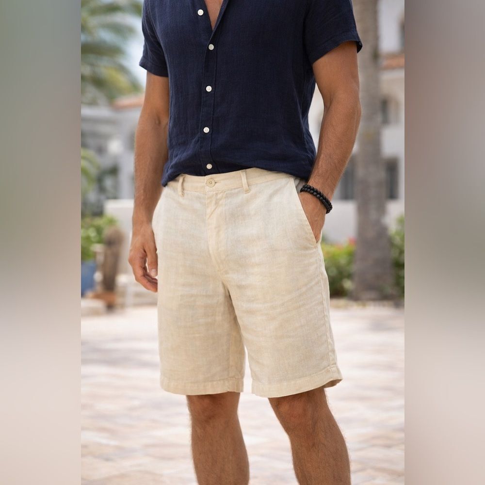 Victor Light Beige Linen Shorts Size 36 Tailored Flat Front Summer Casual